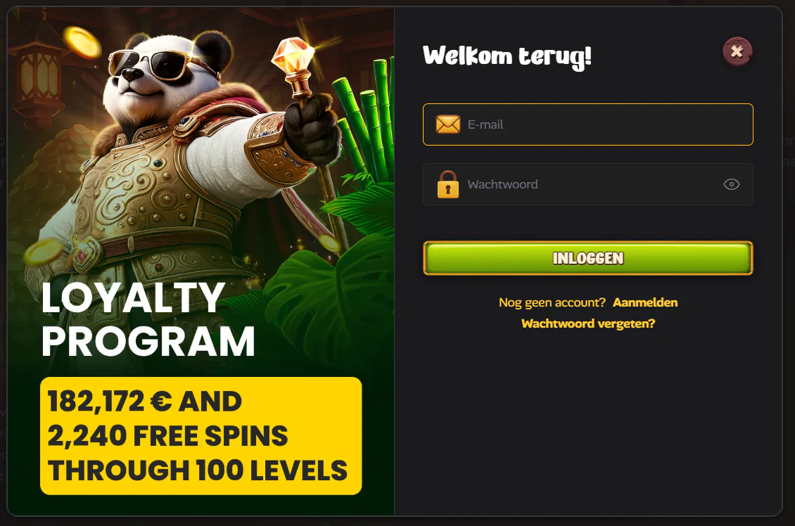 Asino Casino inlogformulier met e-mail en wachtwoord, naast het loyaliteitsprogramma met 100 niveaus en 2.240 gratis spins