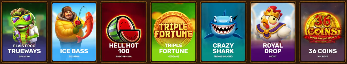 Asino Casino overzicht van populaire slots zoals Elvis Frog Trueways, Ice Bass, Hell Hot 100, Triple Fortune, Crazy Shark, Royal Drop en 36 Coins